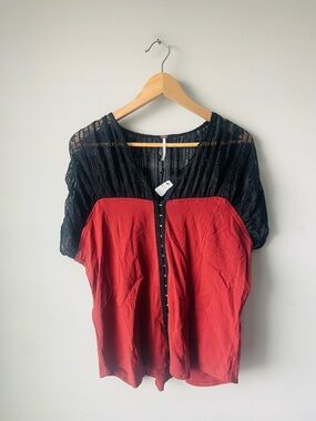 Free People Red Bodice with Black Lace Yoke Blouse